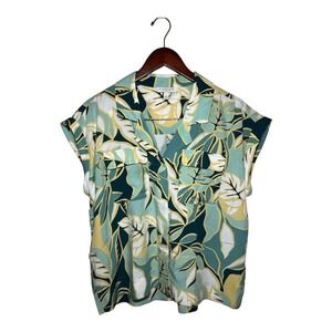 Liverpool Los Angeles Teal Tropical Leaf Rayon Button Down Shirt Short Sleeve M